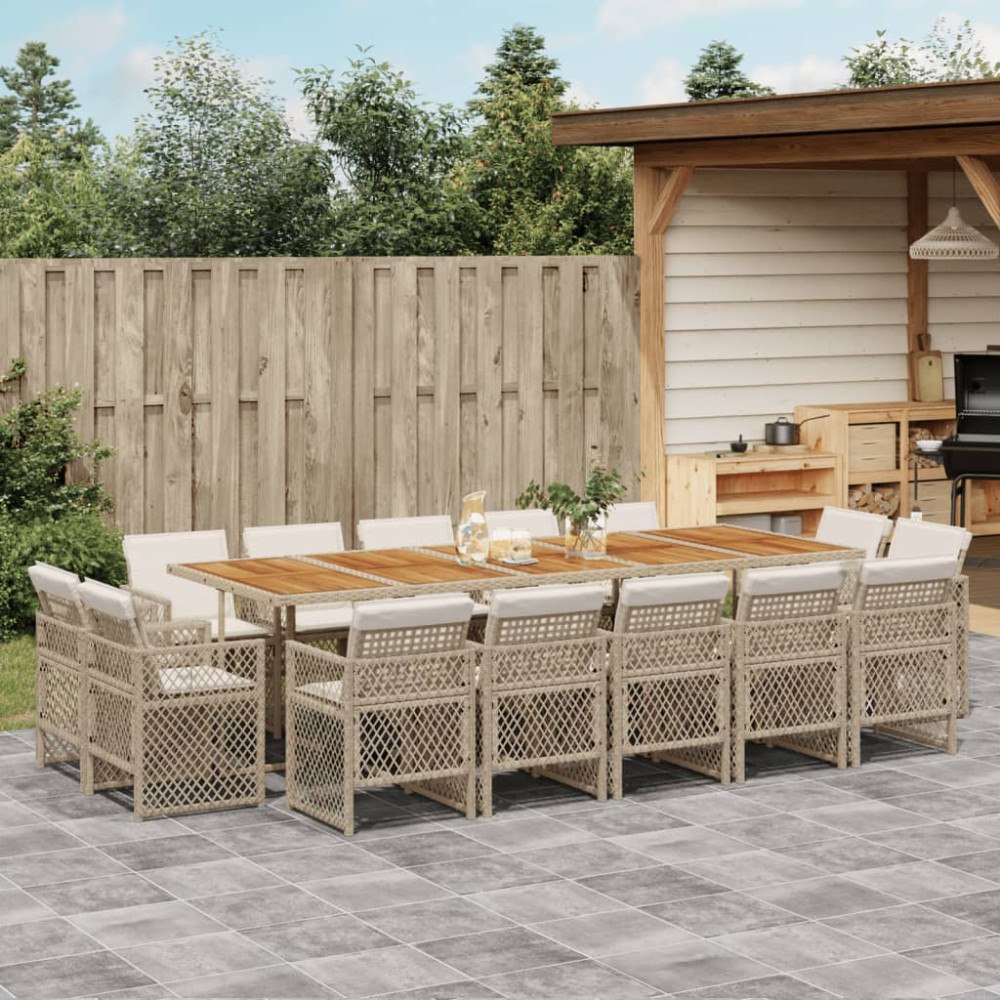 vidaXL Matgrupp för trädgården med dynor 15 delar beige konstrotting