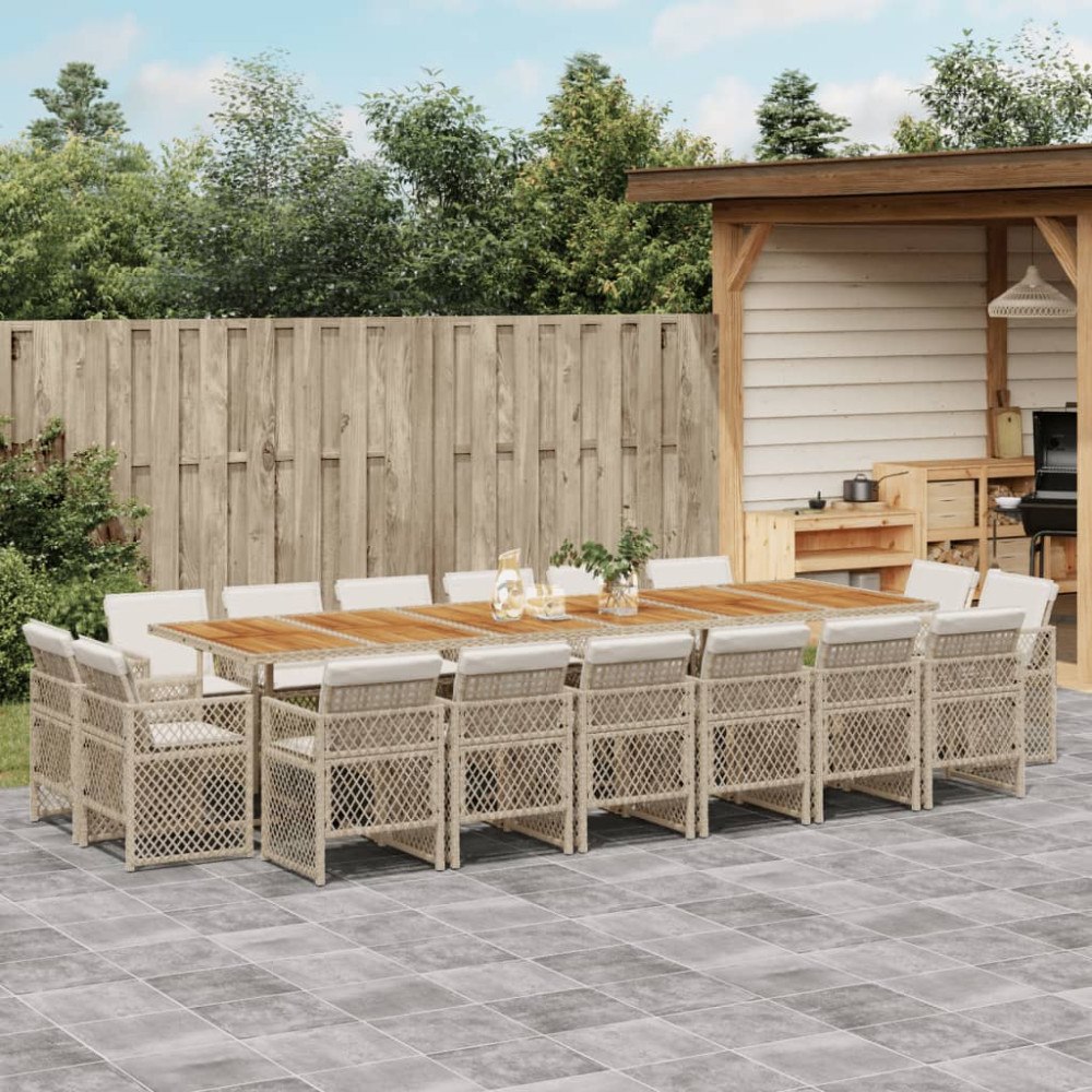 vidaXL Matgrupp för trädgården med dynor 17 delar beige konstrotting