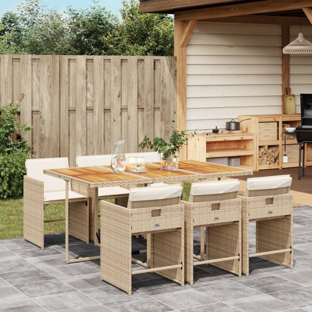 vidaXL Matgrupp för trädgården med dynor 7 delar beige konstrotting