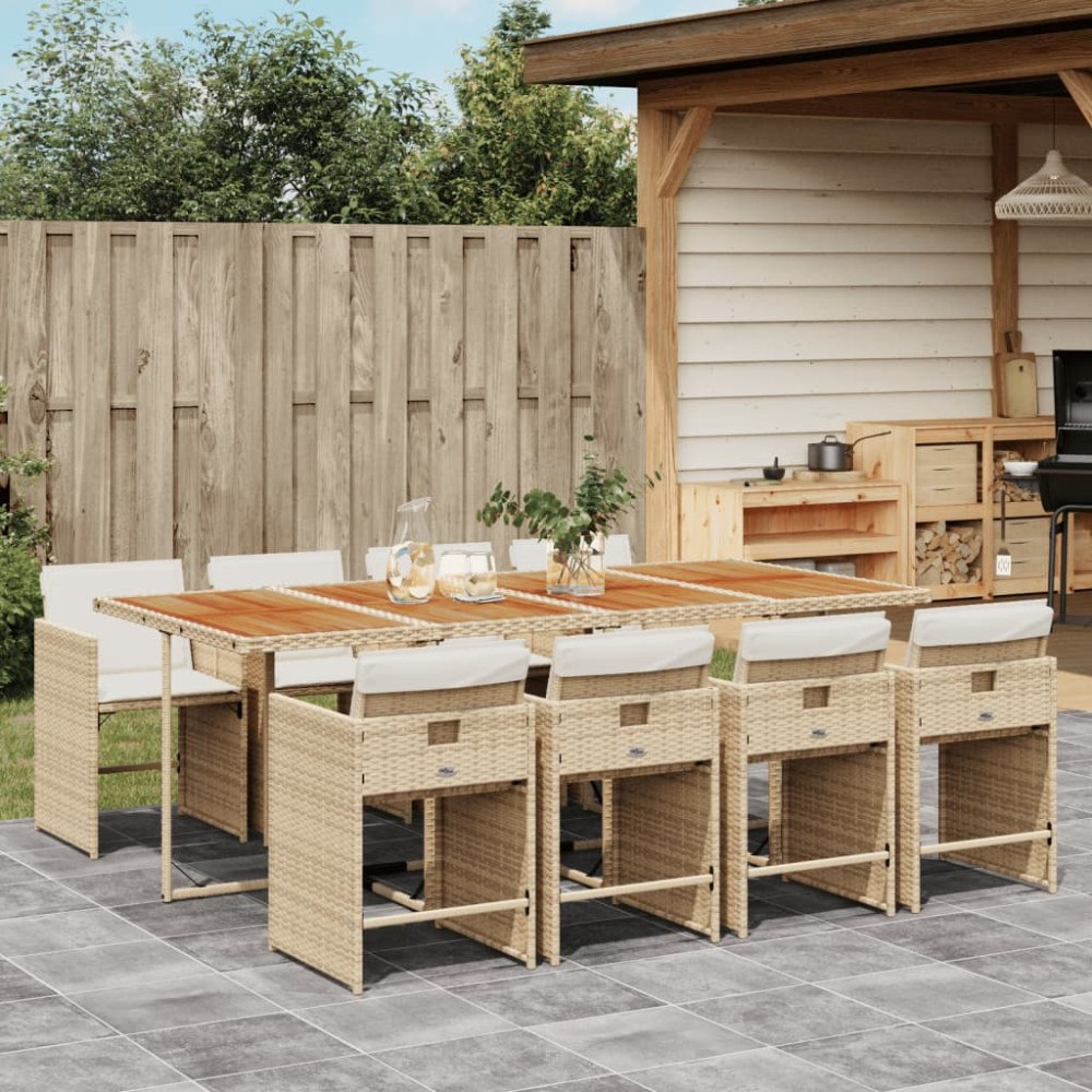 vidaXL Matgrupp för trädgården med dynor 9 delar beige konstrotting