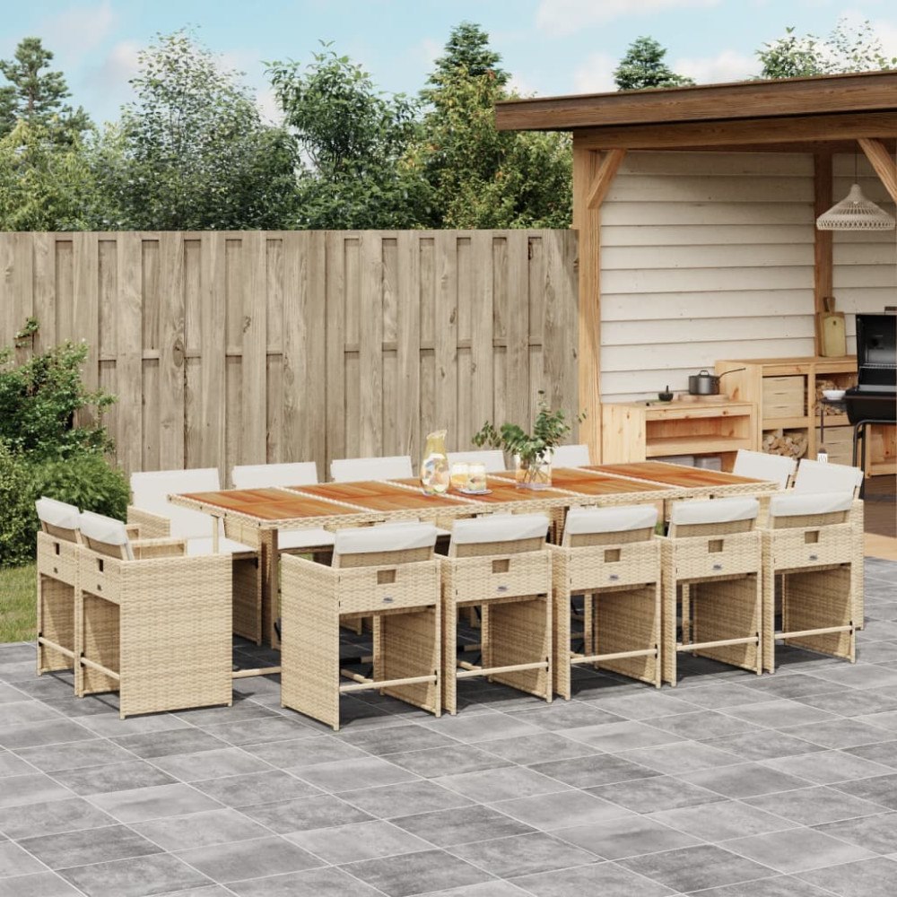vidaXL Matgrupp för trädgården med dynor 15 delar beige konstrotting