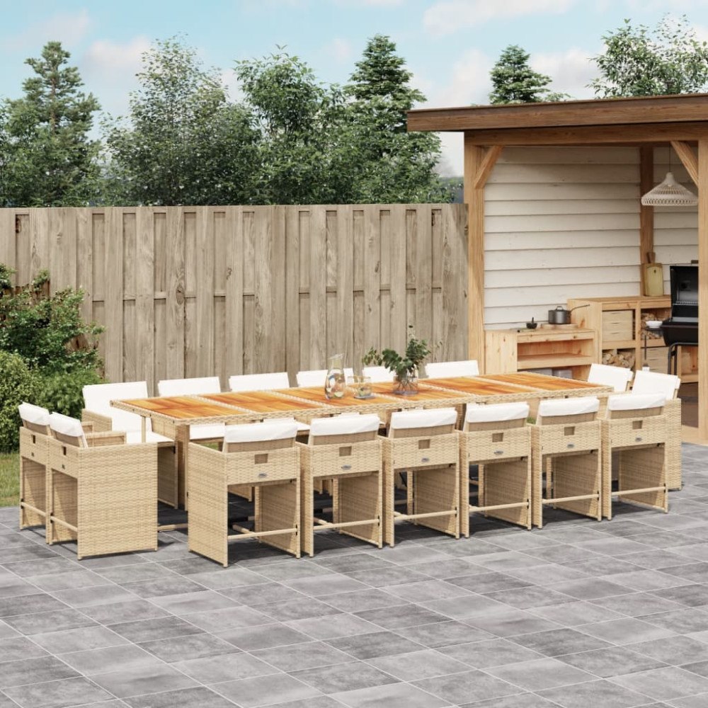 vidaXL Matgrupp för trädgården med dynor 17 delar beige konstrotting