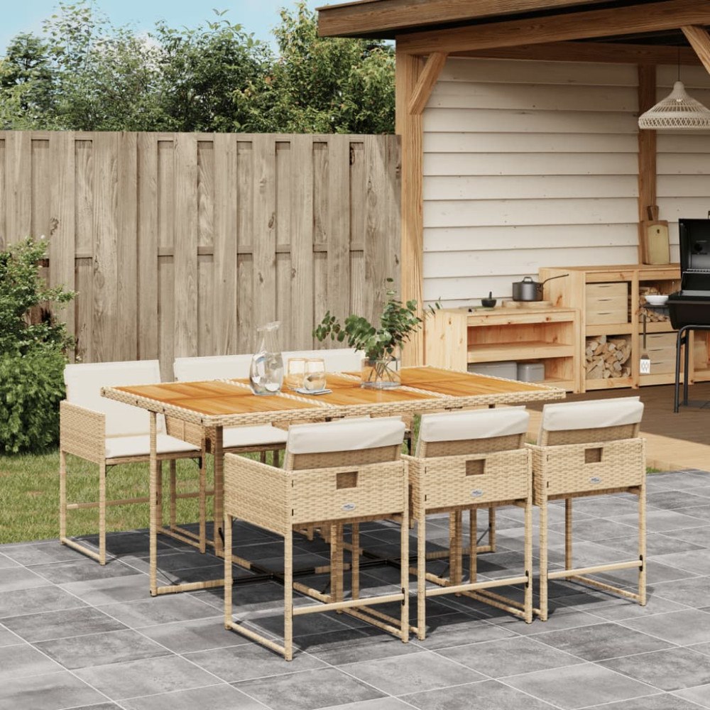 vidaXL Matgrupp för trädgården med dynor 7 delar beige konstrotting