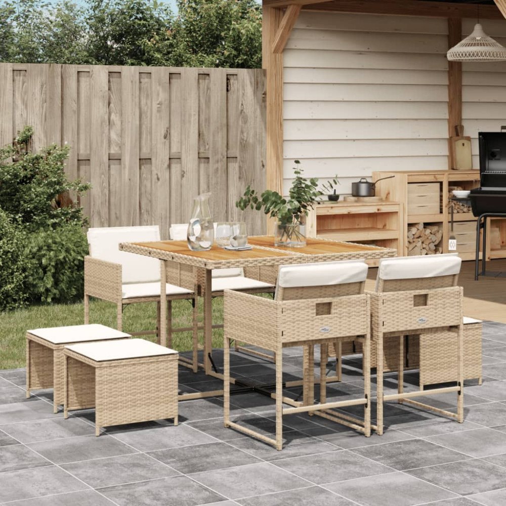 vidaXL Matgrupp för trädgården med dynor 9 delar beige konstrotting