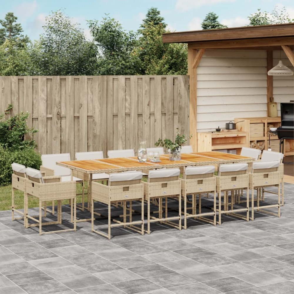 vidaXL Matgrupp för trädgården med dynor 15 delar beige konstrotting