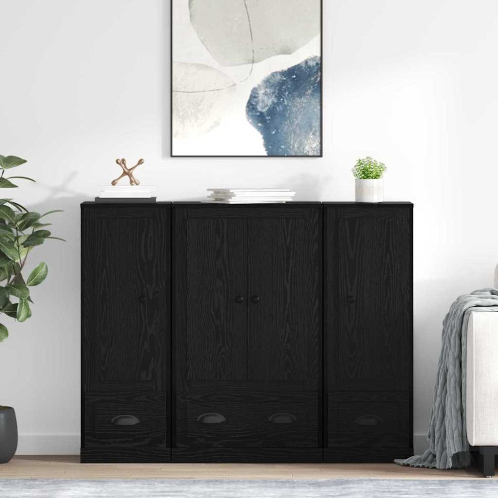 vidaXL Sideboard med låda 3 pcs Svart Ek Konstruerat trä