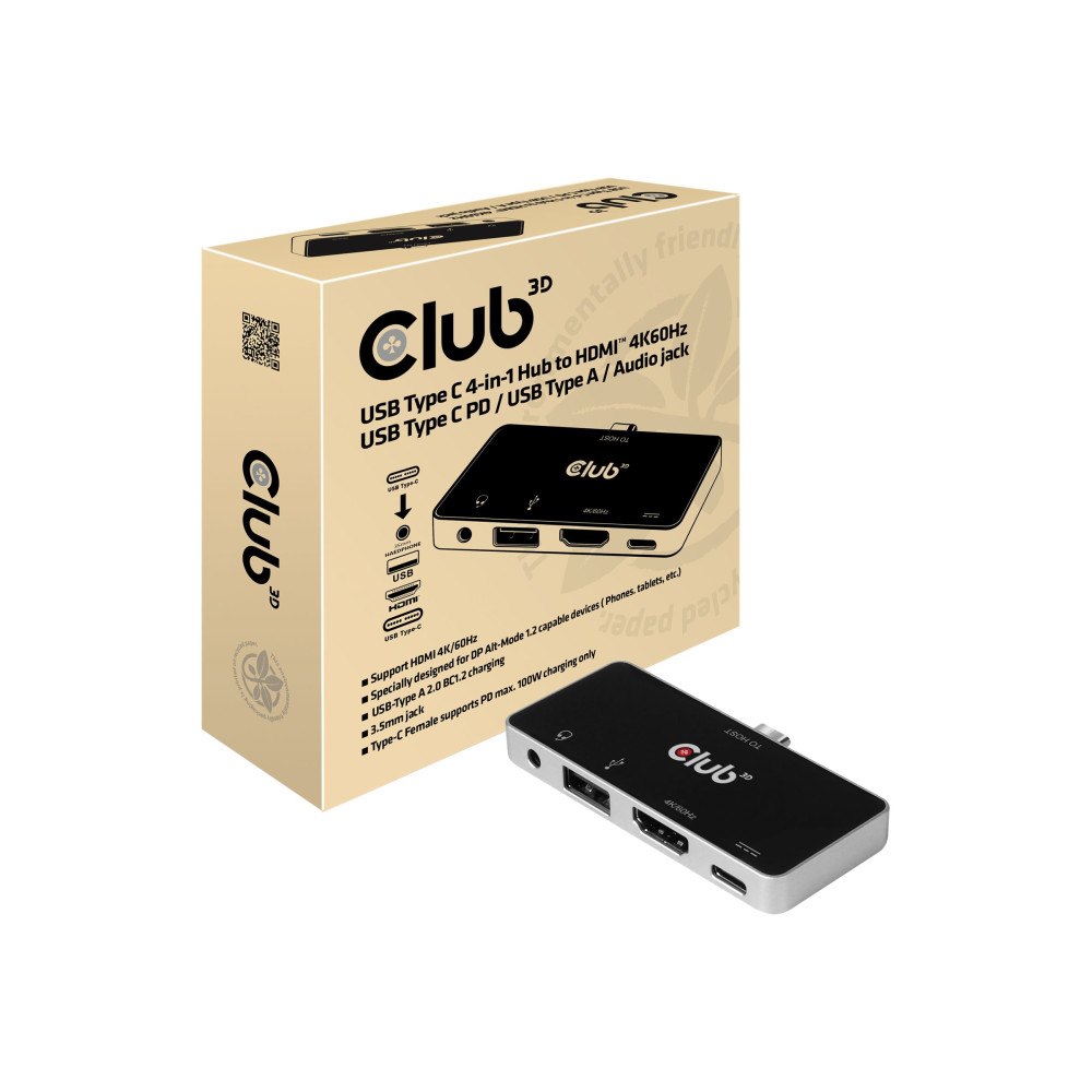 Club-3d Club 3D USB Type C 4-in-1 Hub - dockningsstation - USB-C - HDMI