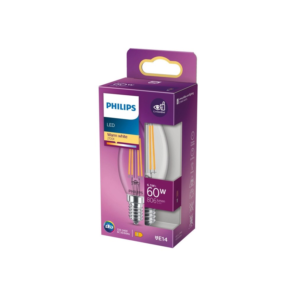 Philips Philips LED - LED-glödlampa - form: ljus - E14 - 6.5 W - varmt vitt ljus - 2700 K - klar