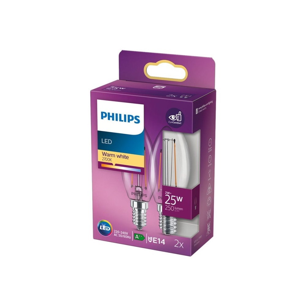 Philips Philips - LED-glödlampa med filament - form: B35 - klar finish - E14 - 2 W - varmt vitt ljus - 2700 K - transparent (pak...