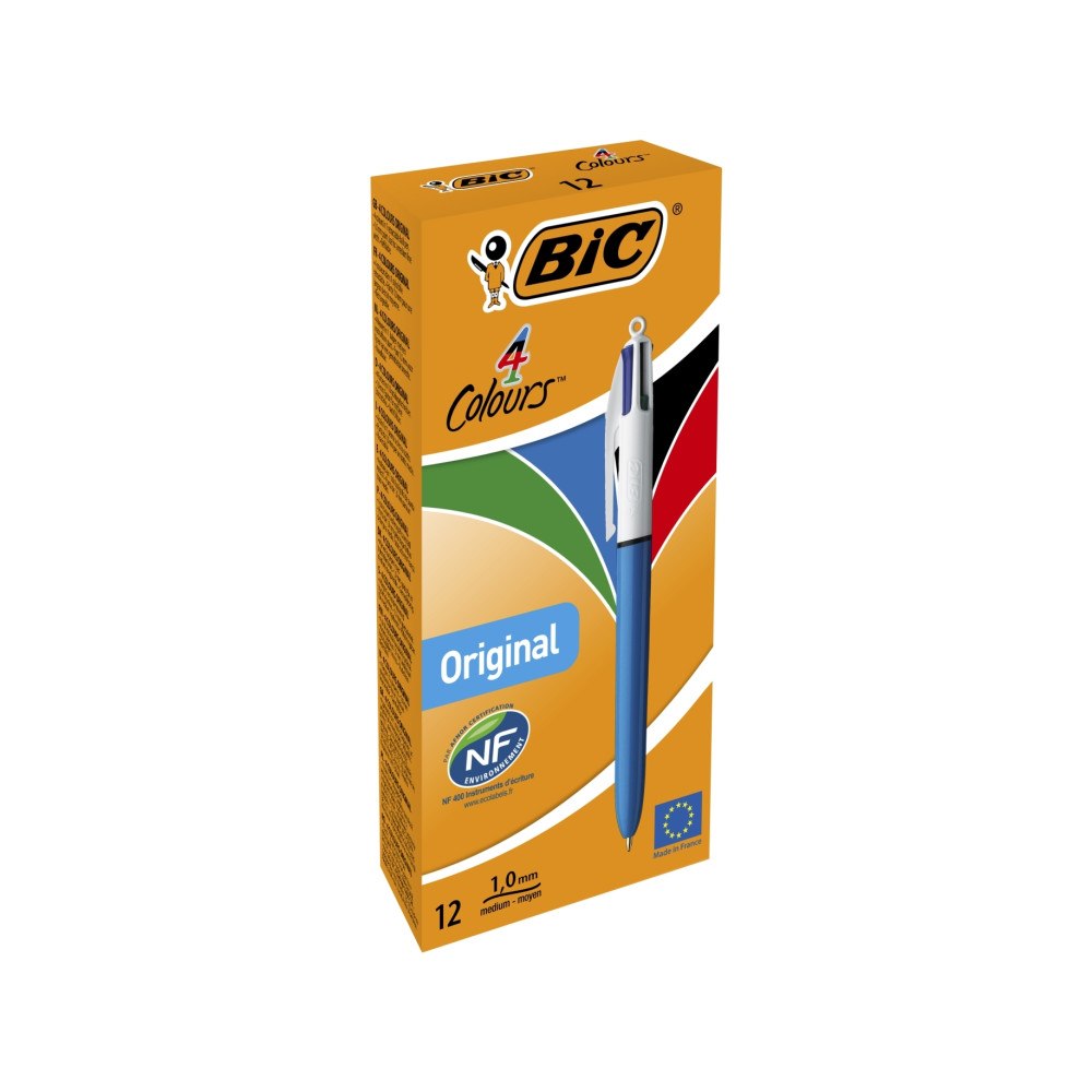 BIC BIC 4 Colours Grip - 4 färgers kulspetspenna - svart, röd, blå, grön (paket om 12)