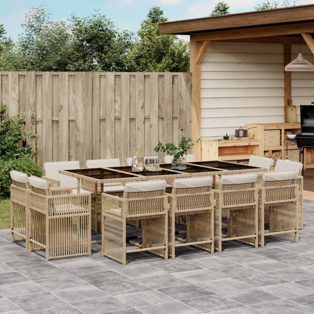 vidaXL Matgrupp för trädgården med dynor 13 delar beige konstrotting