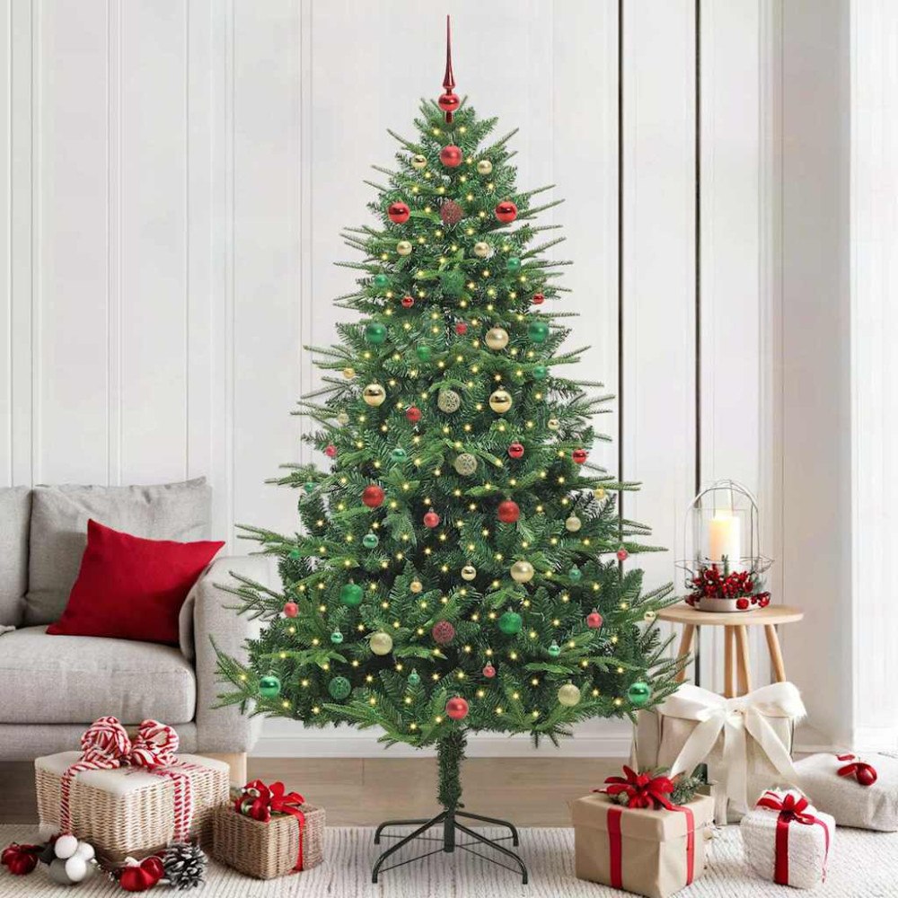 vidaXL Konstgjord förbelyst julgran med kulset Grön 210 cm PVC och PE