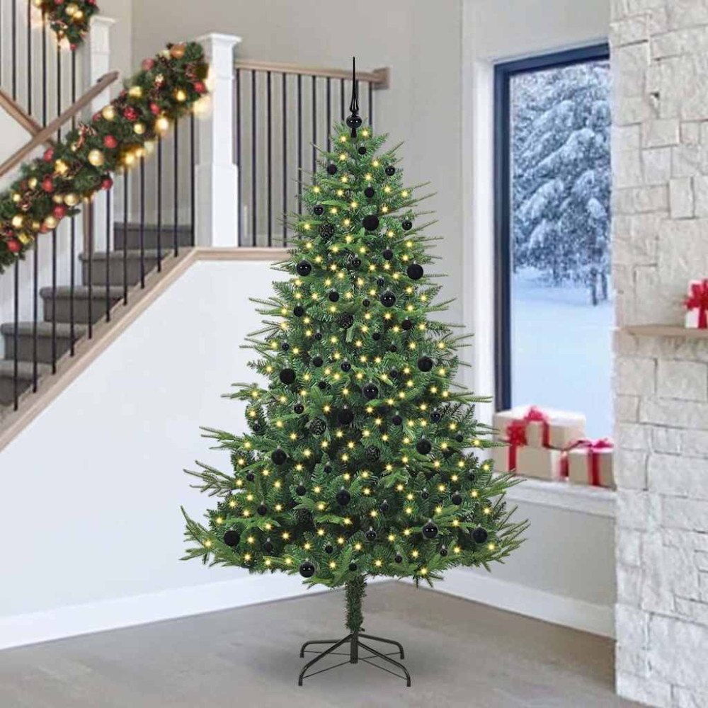 vidaXL Konstgjord förbelyst julgran med kulset Grön 240 cm PVC och PE