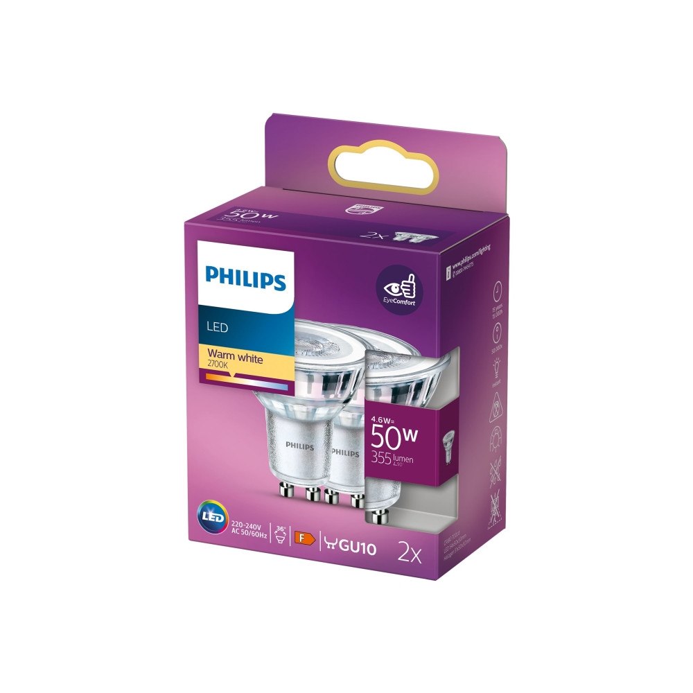 Philips Philips - LED-spotlight - GU10 - 4.6 W - varmt vitt ljus - 2700 K (paket om 2)