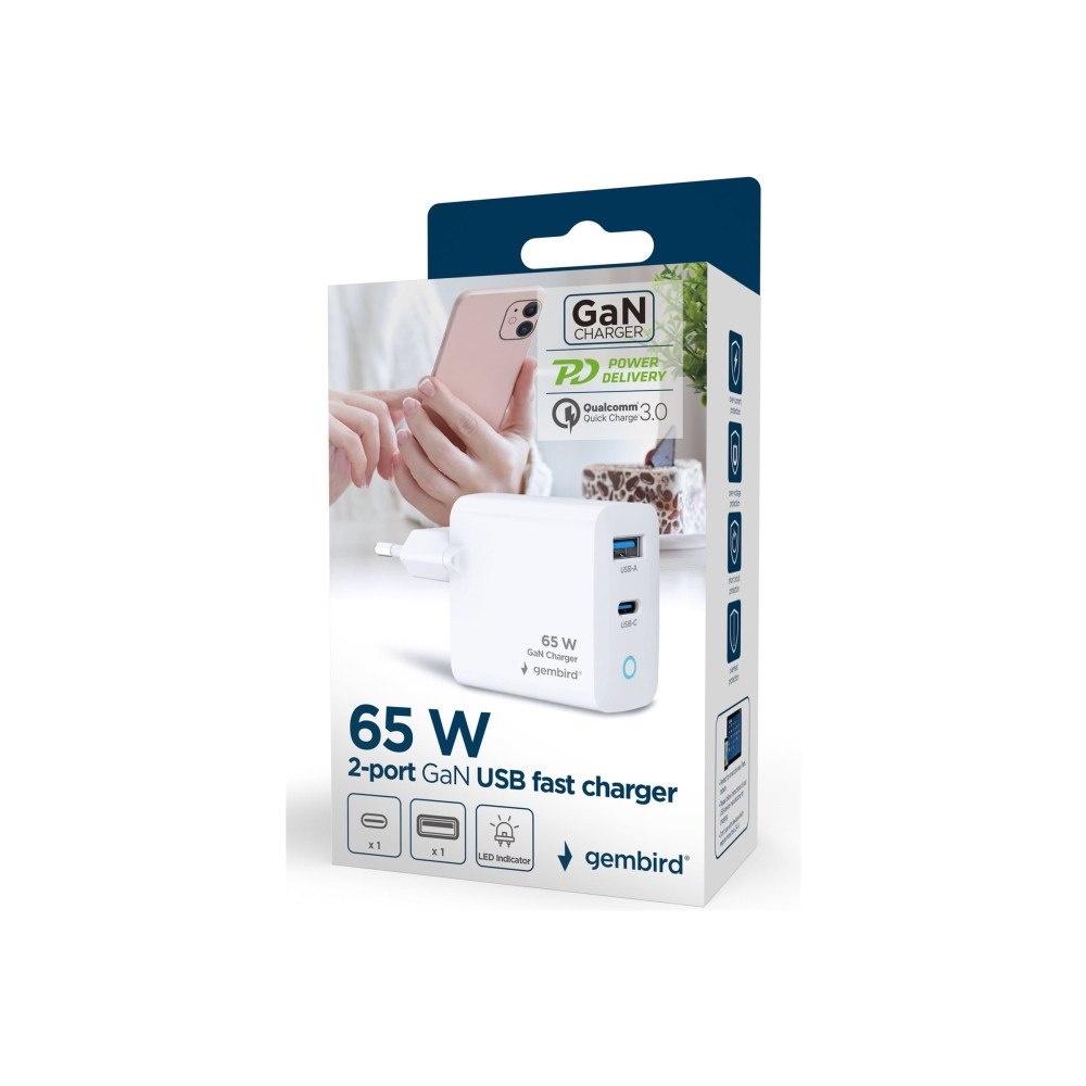 Gembird GEMBIRD GEMBIRD GaN 2-portars USB-snabbladdare 65W USB typ C...