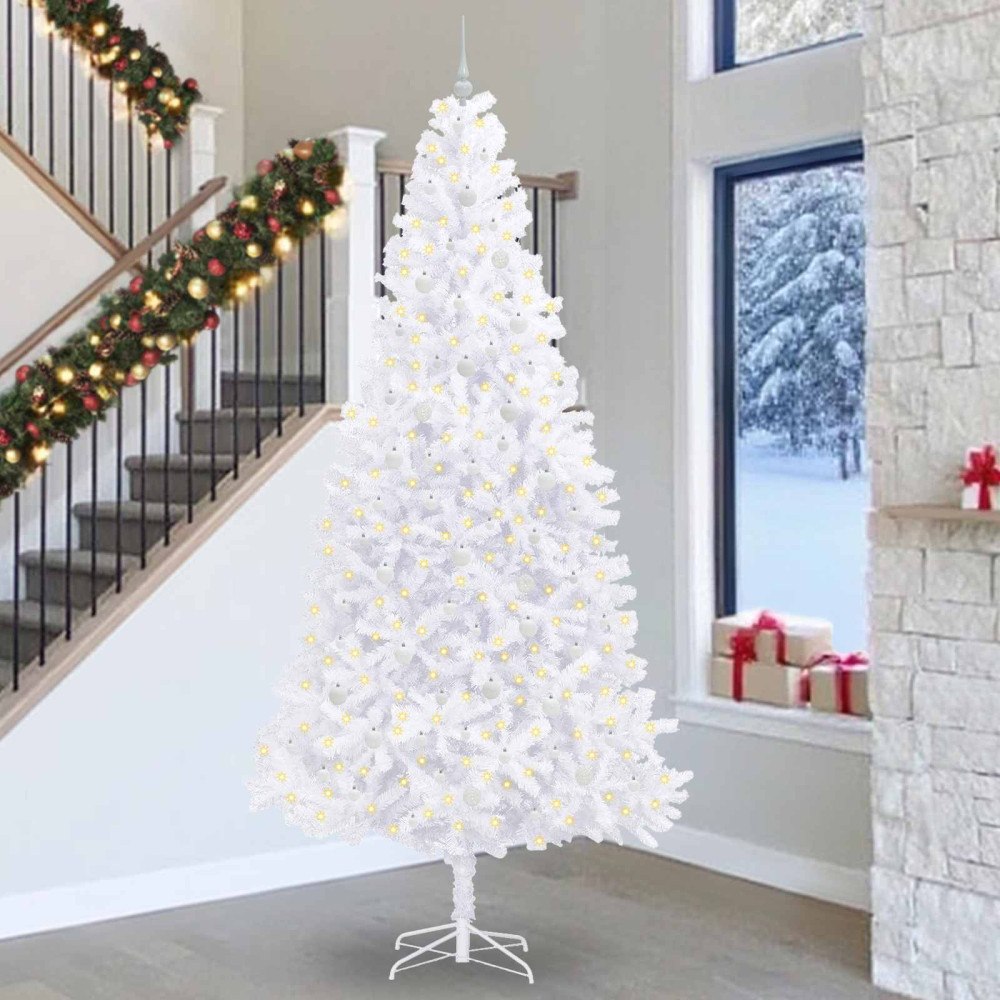 vidaXL Konstgjord julgran med 300 LED-lampor Vit 300 cm PVC och stål