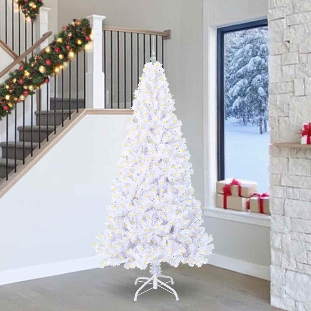 vidaXL Konstgjord julgran med 300 LED-lampor Vit 240 cm PVC och stål
