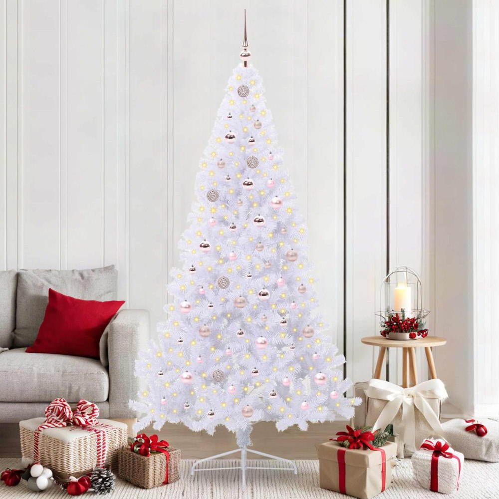 vidaXL Konstgjord julgran med 300 LED-lampor Vit 210 cm PVC och stål