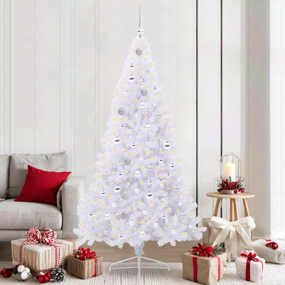 vidaXL Konstgjord julgran med 300 LED-lampor Vit 210 cm PVC och stål