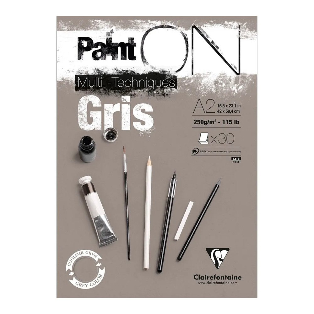 Clairefontaine Paint-On Blok A2 250gram 30 ark gråt papir, multi teknik, to...