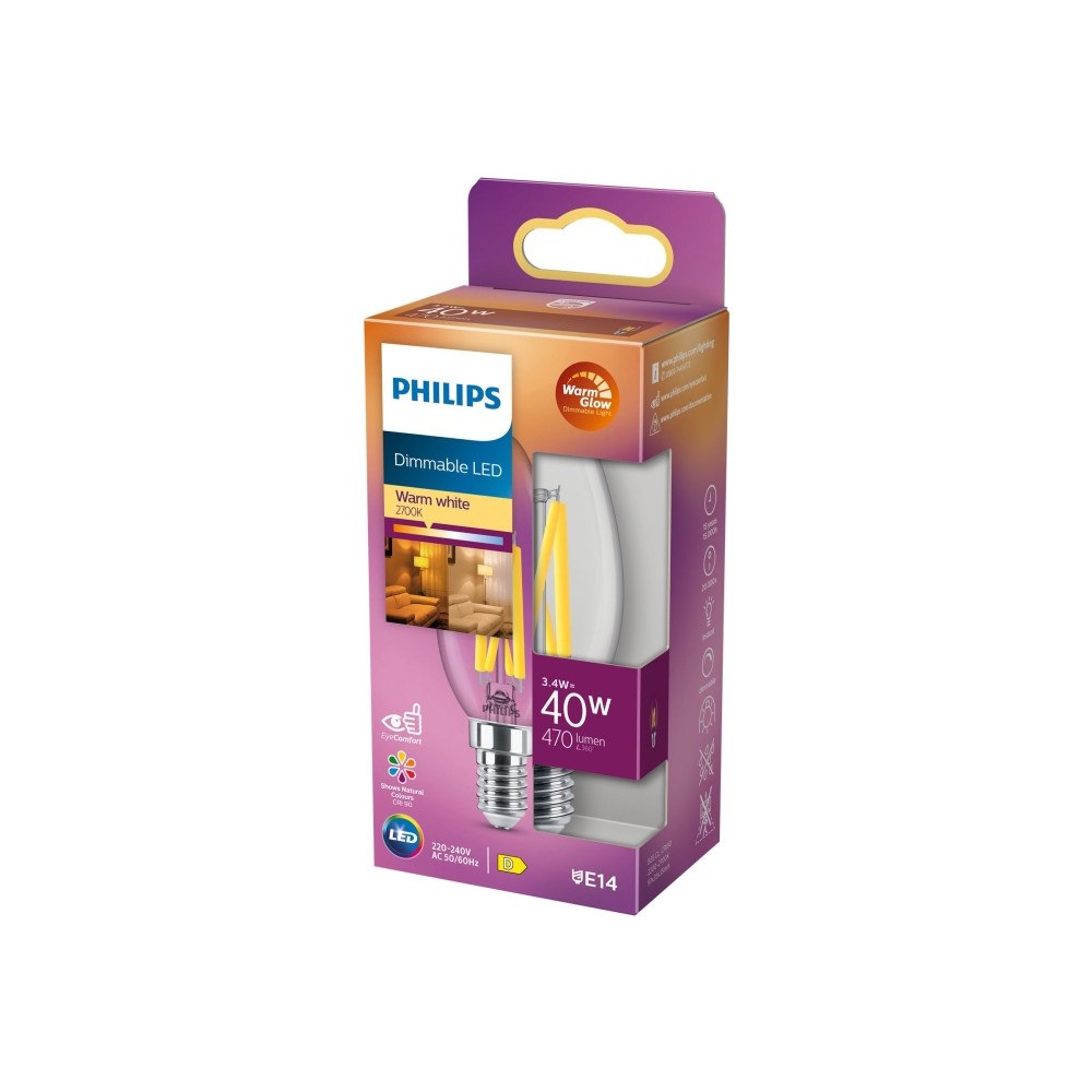 Philips Philips - LED-glödlampa med filament - form: B35 - klar finish - E14 - 3.4 W - varmt vitt ljus - 2200-2700 K