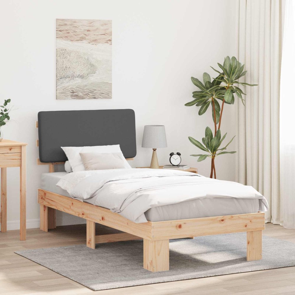 vidaXL Sängram med Klädd Huvudgavel Mörkgrå 75 x 190 cm Massiv furu