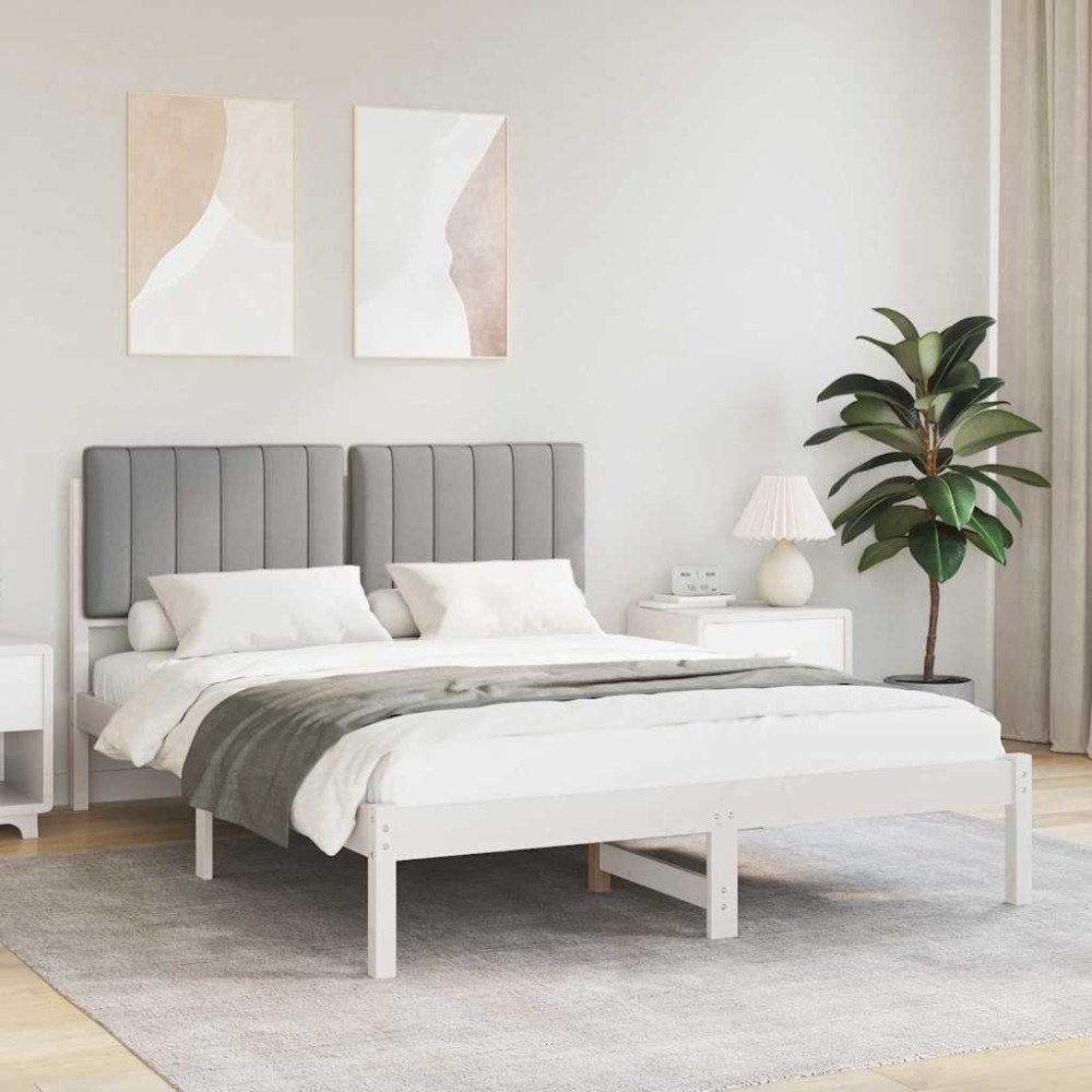 vidaXL Sängram med Klädd Huvudgavel Ljusgrå 135 x 190 cm Massivt furu