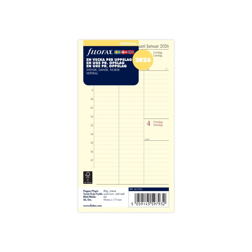 Filofax Refill Personal 2026 Vecka Per Posting Vertikal Svenska/Dans...