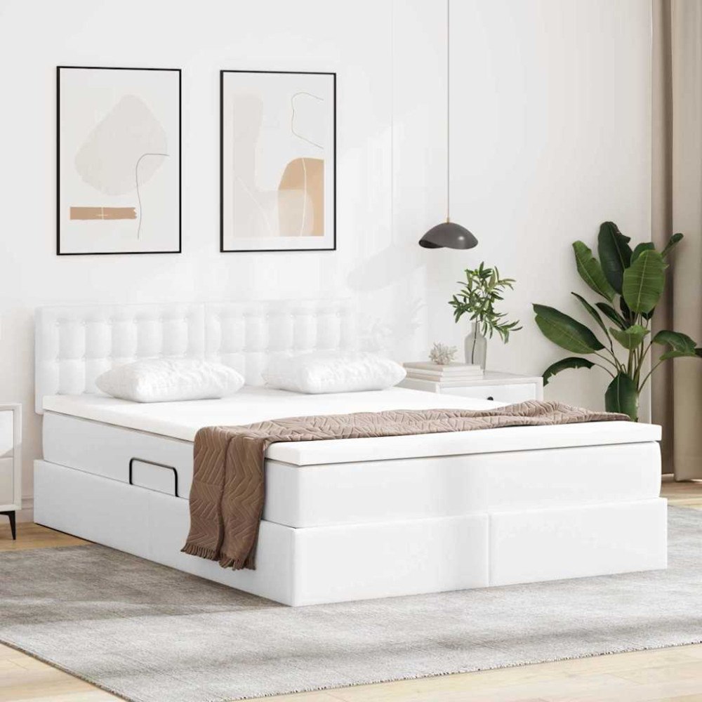 vidaXL Förvaringssäng med LED med led Ren Vit 140 x 190 cm Konstläder
