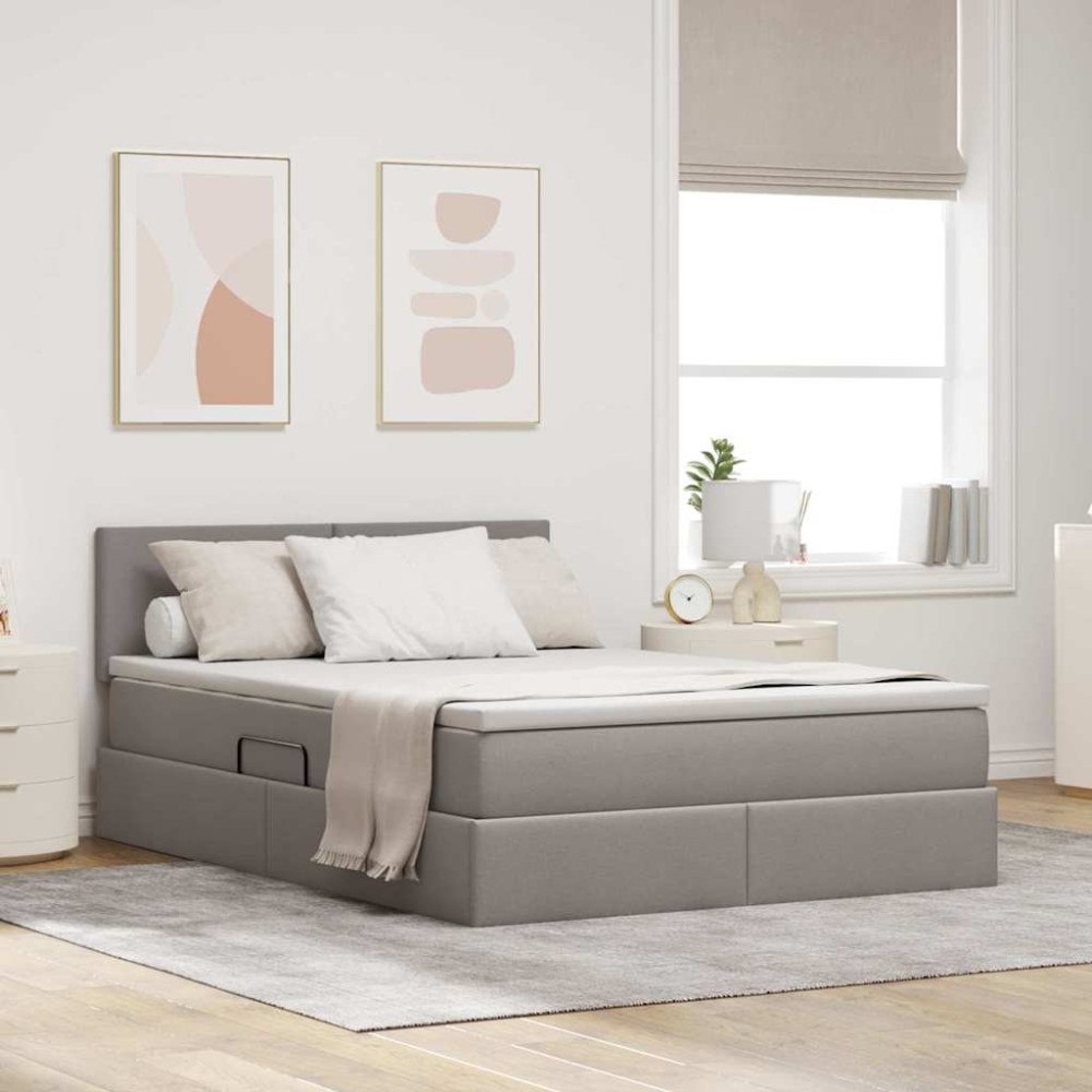 vidaXL LED förvaringssäng med madrass Taupe 140 x 200 cm Tyg