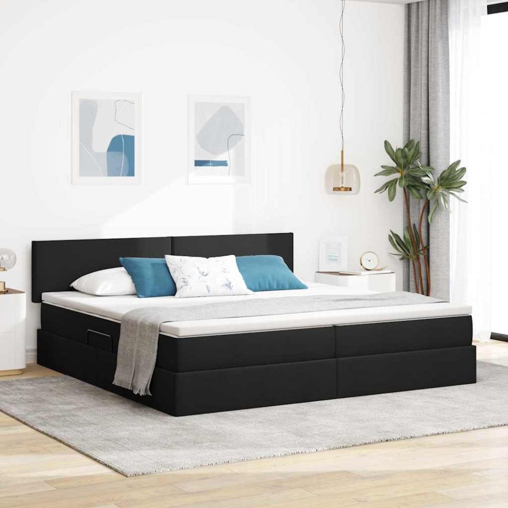 vidaXL LED förvaringssäng med madrass Svart 200 x 200 cm Tyg