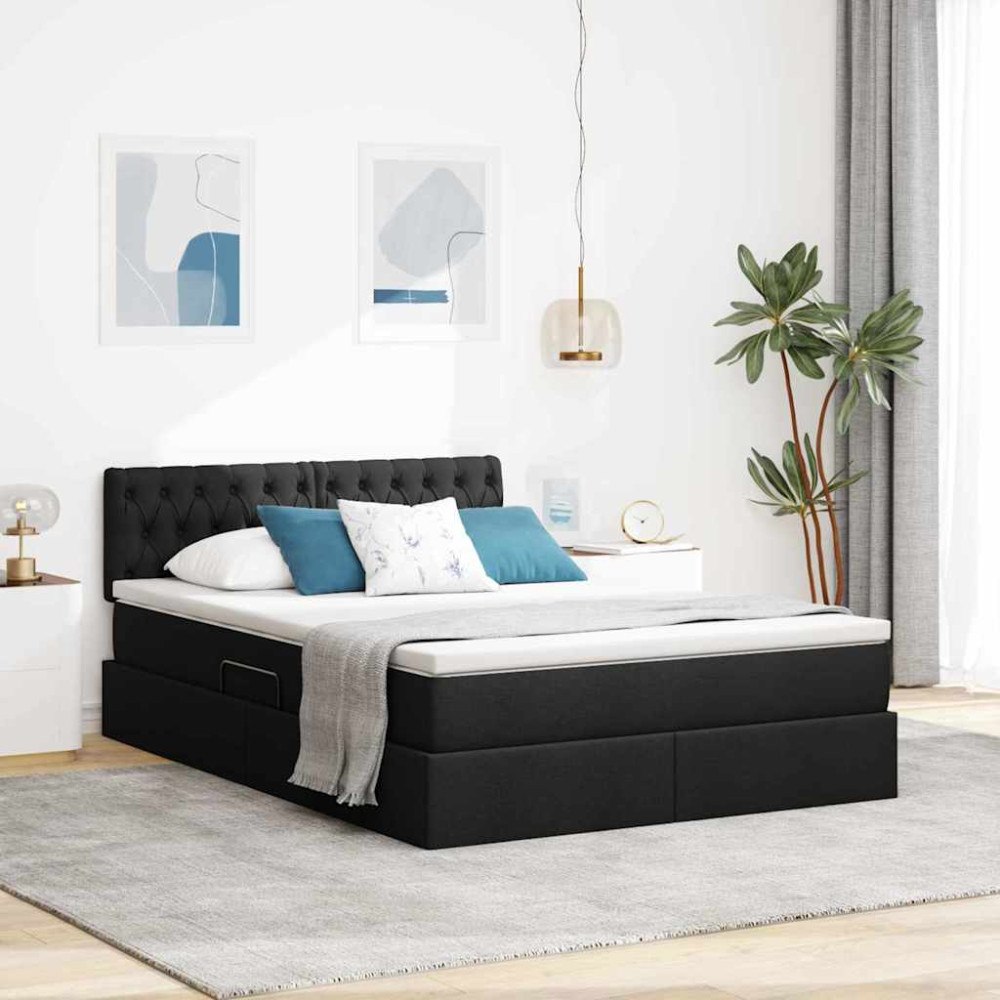 vidaXL LED förvaringssäng med madrass Svart 140 x 200 cm Tyg