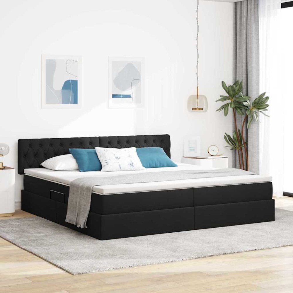 vidaXL LED förvaringssäng med madrass Svart 200 x 200 cm Tyg