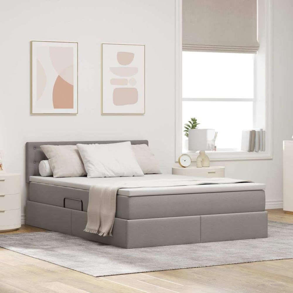 vidaXL LED förvaringssäng med madrass Taupe 140 x 200 cm Tyg