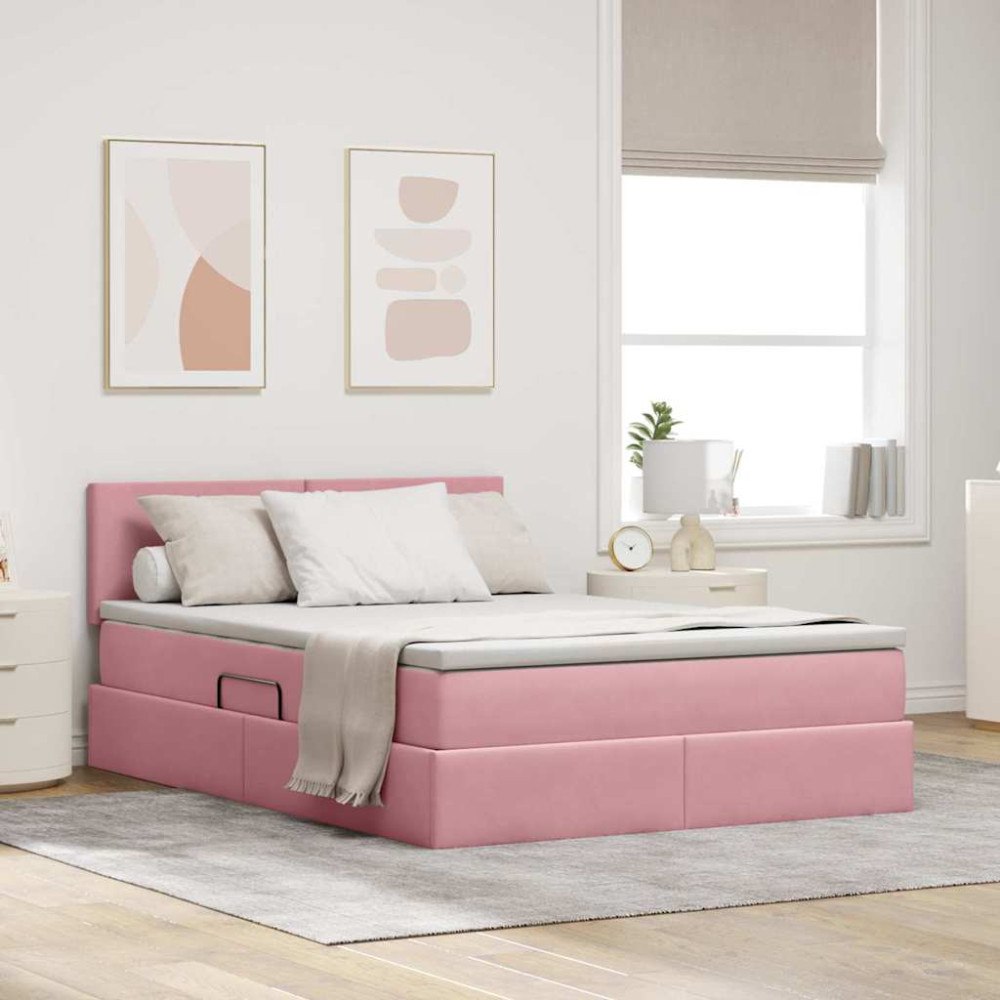 vidaXL LED förvaringssäng med madrass Rosa 140 x 190 cm Sammet