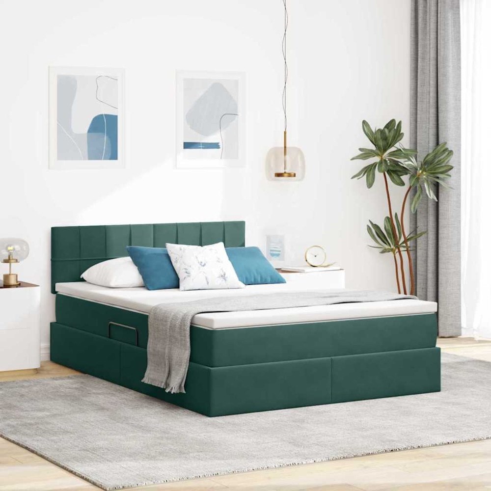 vidaXL LED förvaringssäng med madrass Mörkgrön 140 x 190 cm Sammet