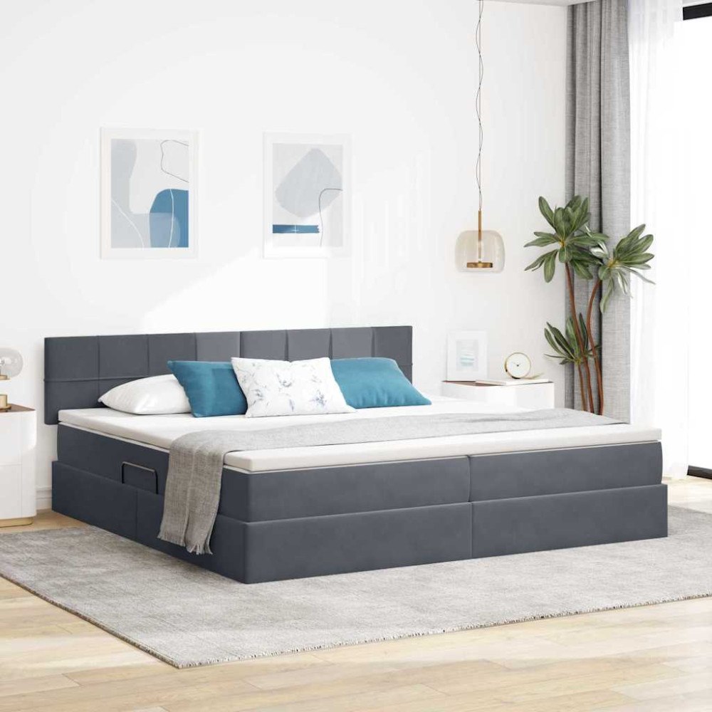 vidaXL LED förvaringssäng med madrass Mörkgrå 200 x 200 cm Sammet