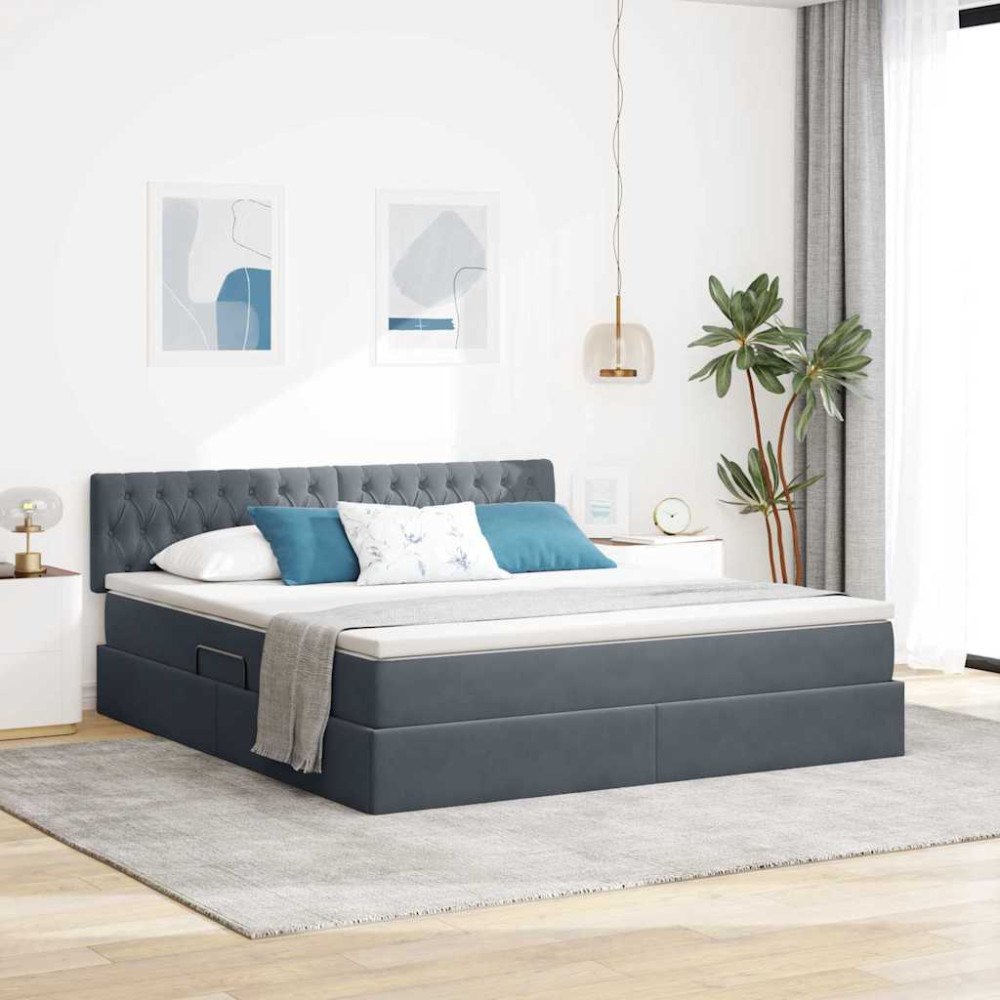 vidaXL LED förvaringssäng med madrass Mörkgrå 180 x 200 cm Sammet