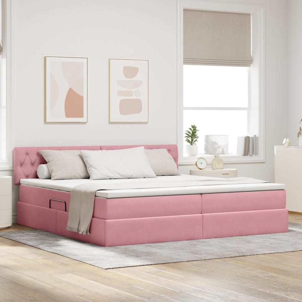 vidaXL LED förvaringssäng med madrass Rosa 200 x 200 cm Sammet