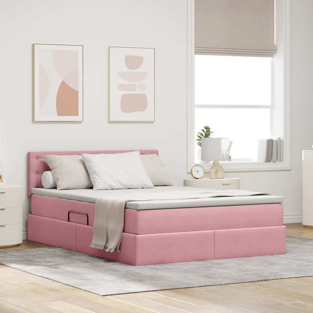 vidaXL LED förvaringssäng med madrass Rosa 140 x 200 cm Sammet