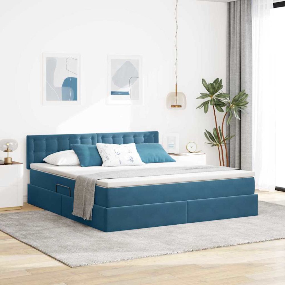 vidaXL LED förvaringssäng med madrass Mörkblå 180 x 200 cm Sammet