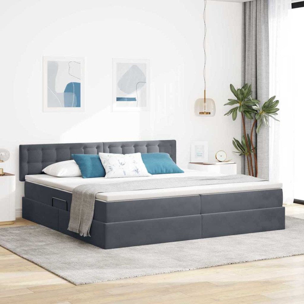 vidaXL LED förvaringssäng med madrass Mörkgrå 200 x 200 cm Sammet