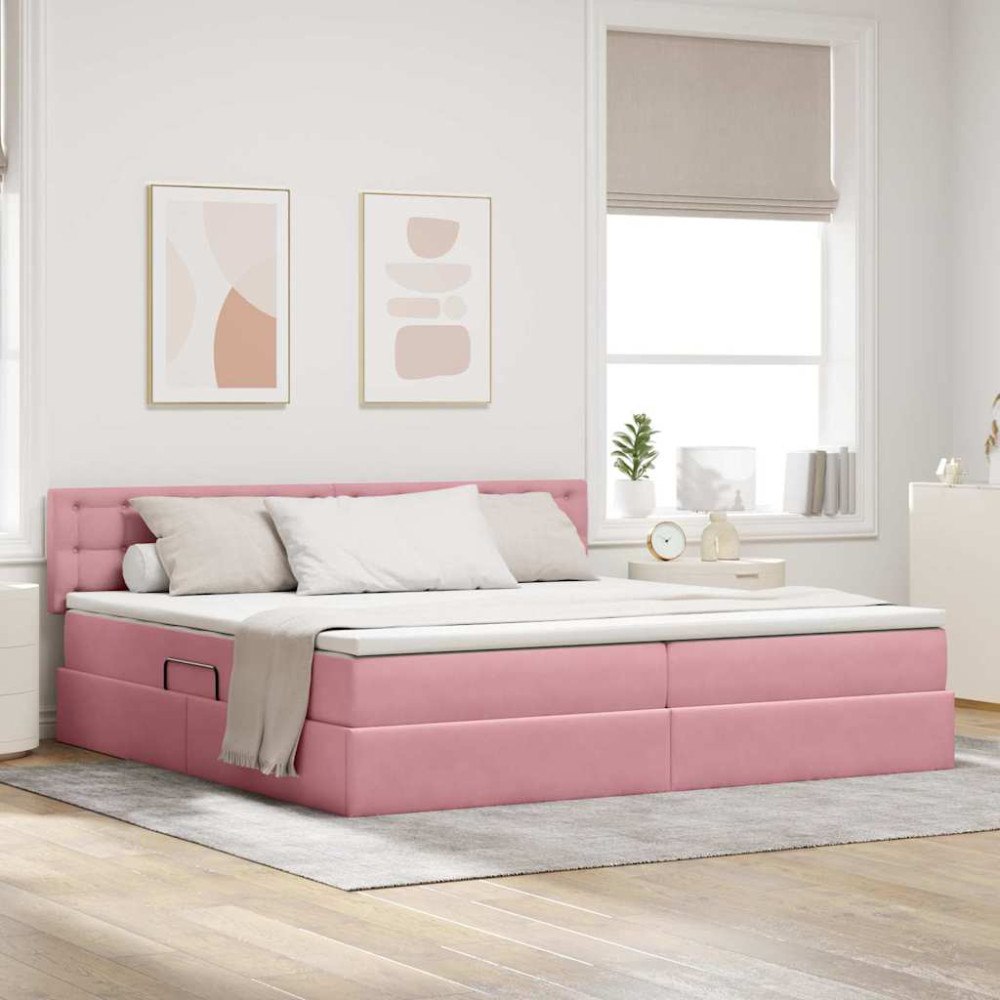vidaXL LED förvaringssäng med madrass Rosa 200 x 200 cm Sammet