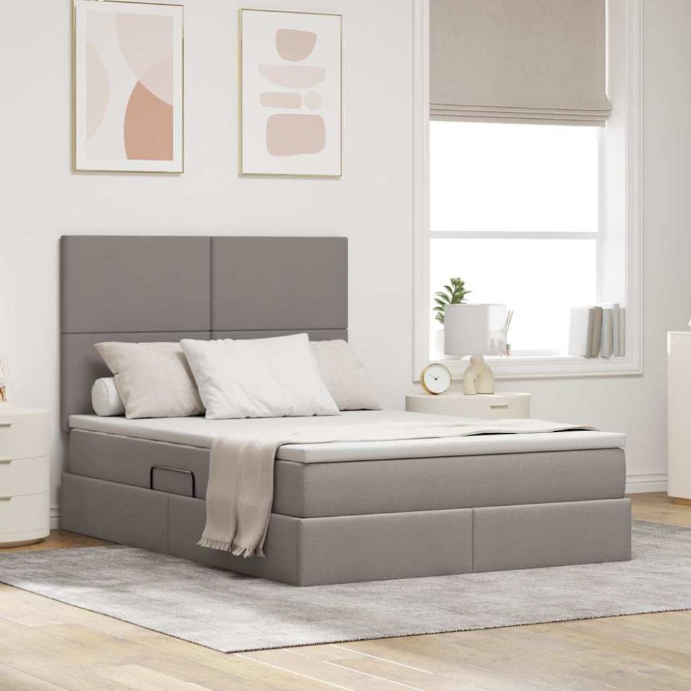 vidaXL LED förvaringssäng med madrass Taupe 140 x 200 cm Tyg