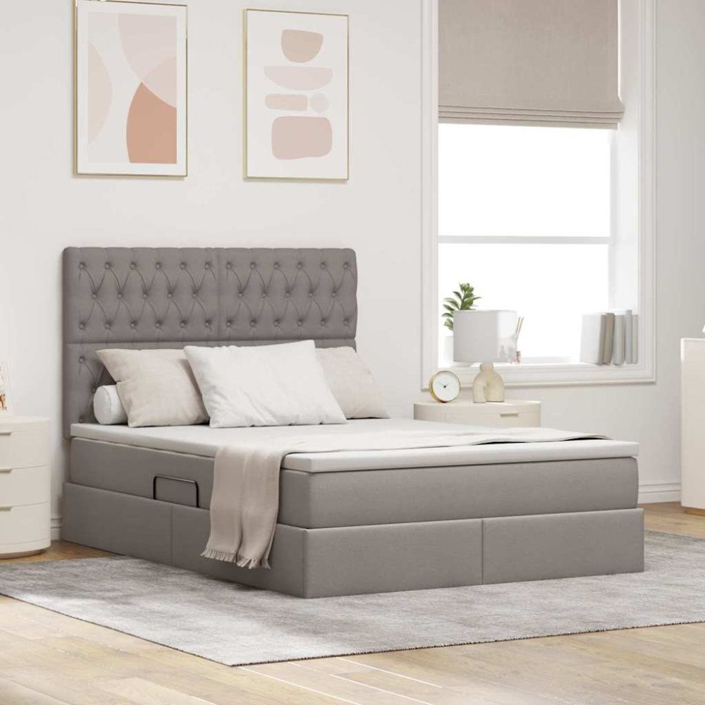 vidaXL LED förvaringssäng med madrass Taupe 140 x 200 cm Tyg