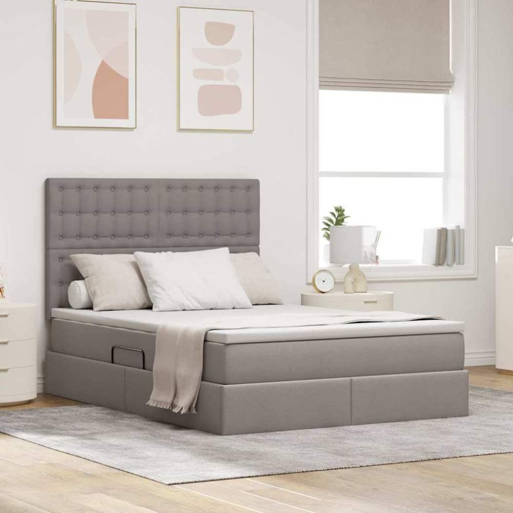 vidaXL LED förvaringssäng med madrass Taupe 140 x 200 cm Tyg