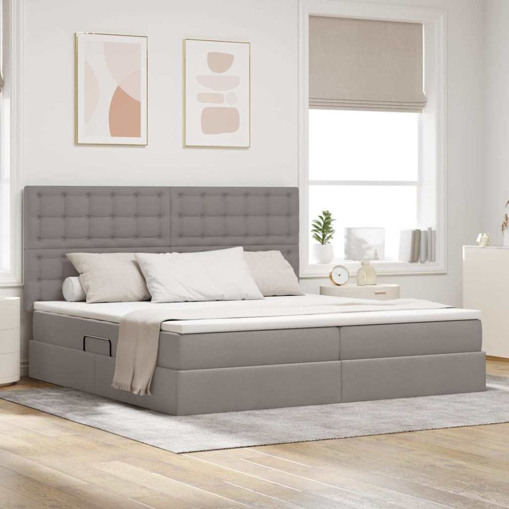 vidaXL LED förvaringssäng med madrass Taupe 200 x 200 cm Tyg