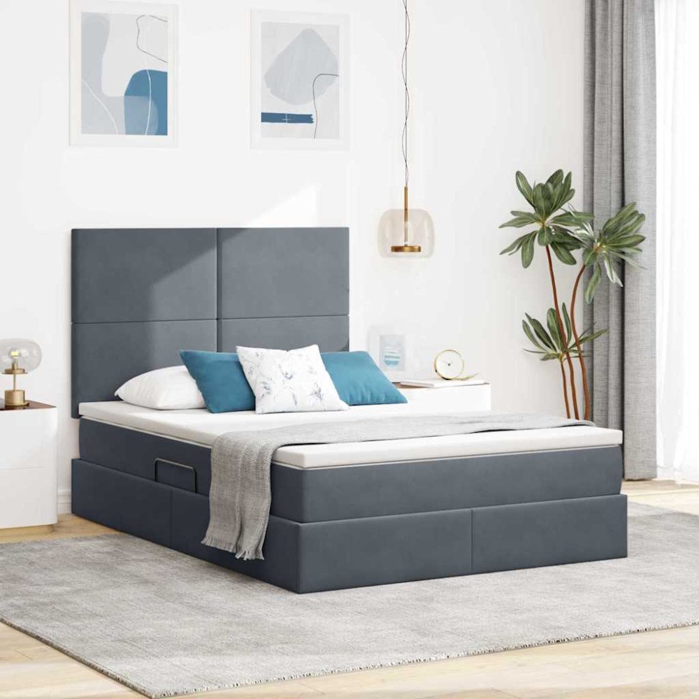 vidaXL LED förvaringssäng med madrass Mörkgrå 140 x 200 cm Sammet