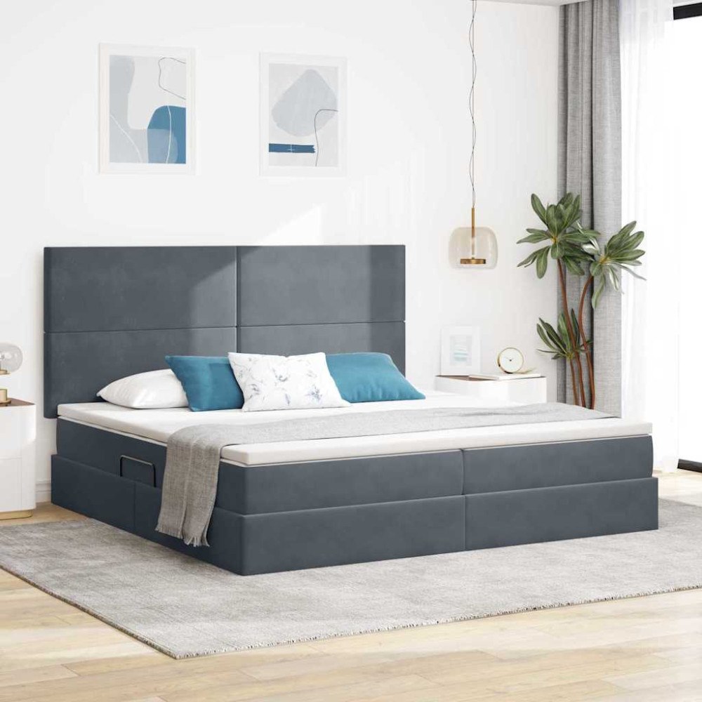vidaXL LED förvaringssäng med madrass Mörkgrå 200 x 200 cm Sammet