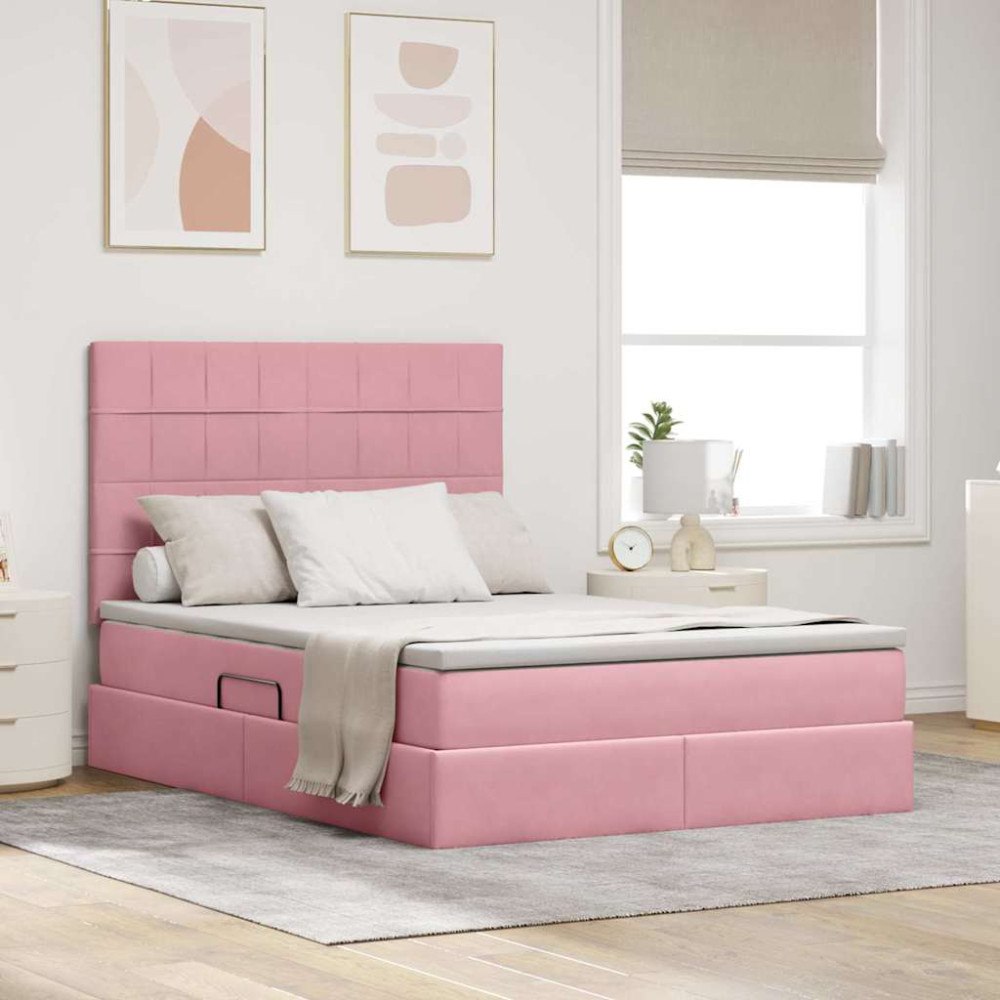 vidaXL LED förvaringssäng med madrass Rosa 140 x 190 cm Sammet